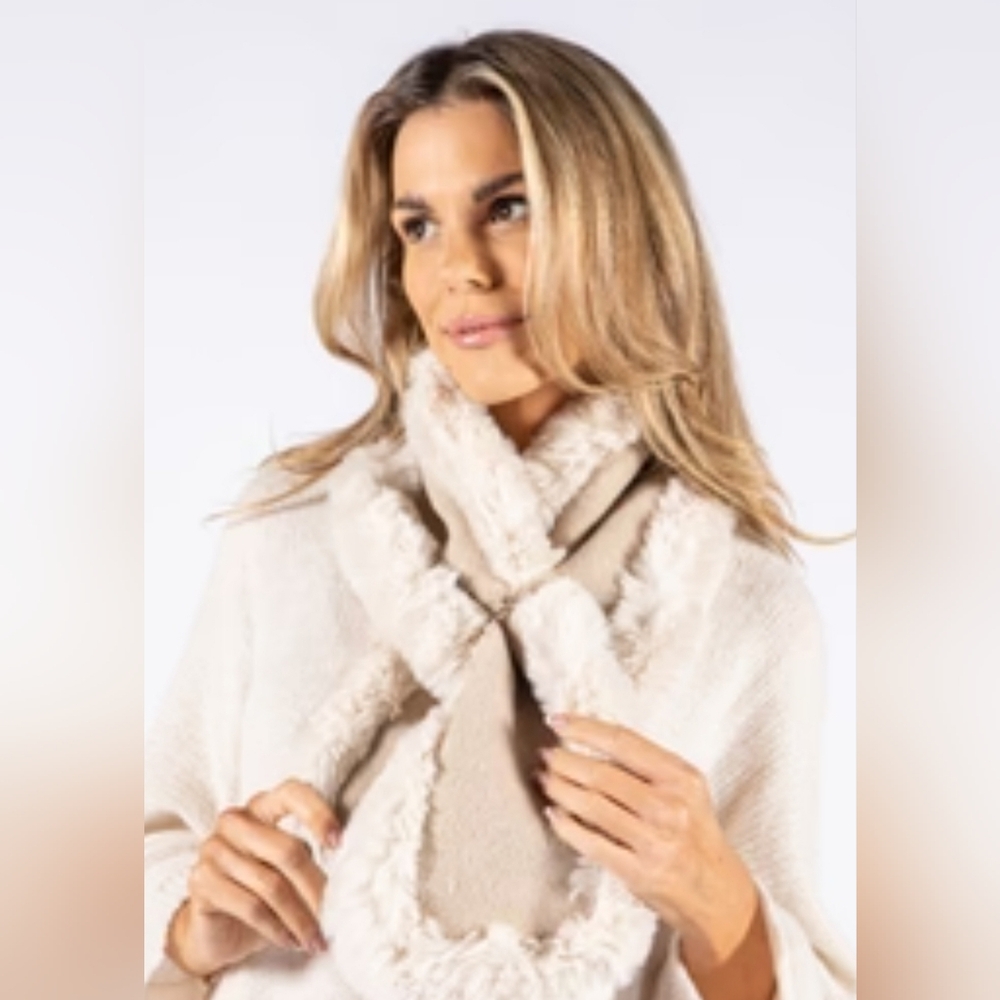 Pamela Scott Faux Fur Trim Winter Scarf Cream
